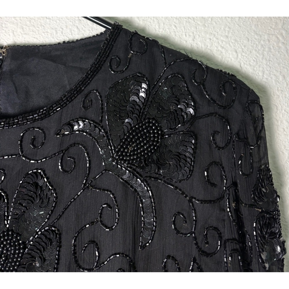 Stenay Vintage Black Silk Beaded Sequin Floral Long Sleeve Blouse Scallop Hem S - Picture 2 of 8